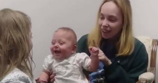 Deaf Baby Hears Sister's Voice And She Can't Stop Laughing