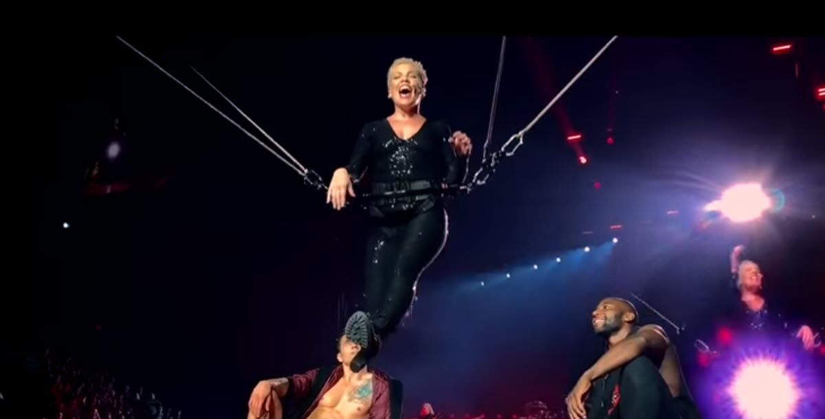 Pink Soars Through the Audience, Suspended over Their Heads as She