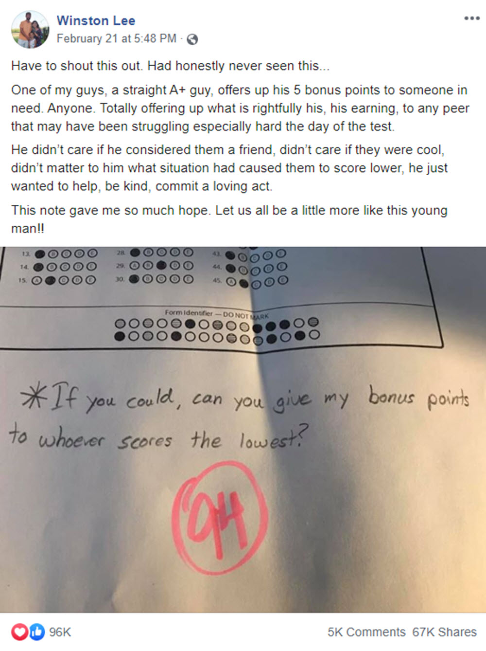 Proud High School Teacher Posts Inspirational Note Written By His 